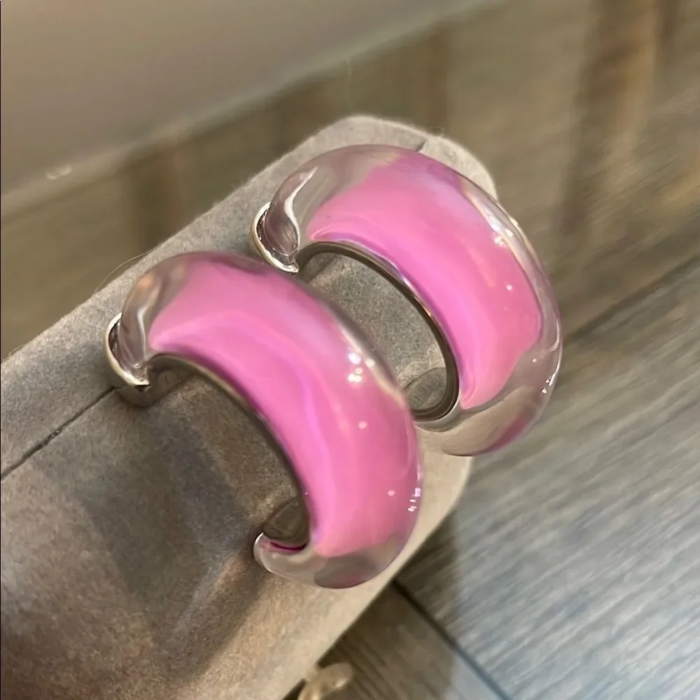 Anthropologie Chunky Resin Hoop Earrings Chic Silver-tone & Purple Lucite Hoop